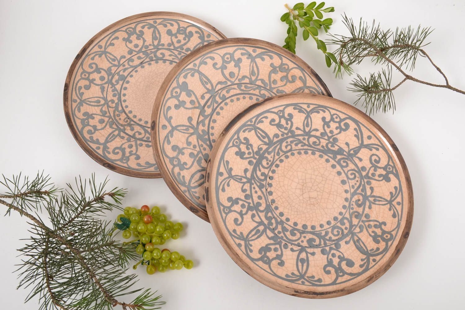 Керамические тарелки ручной работы глиняная посуда расписные тарелки 3 шт Узоры фото 1