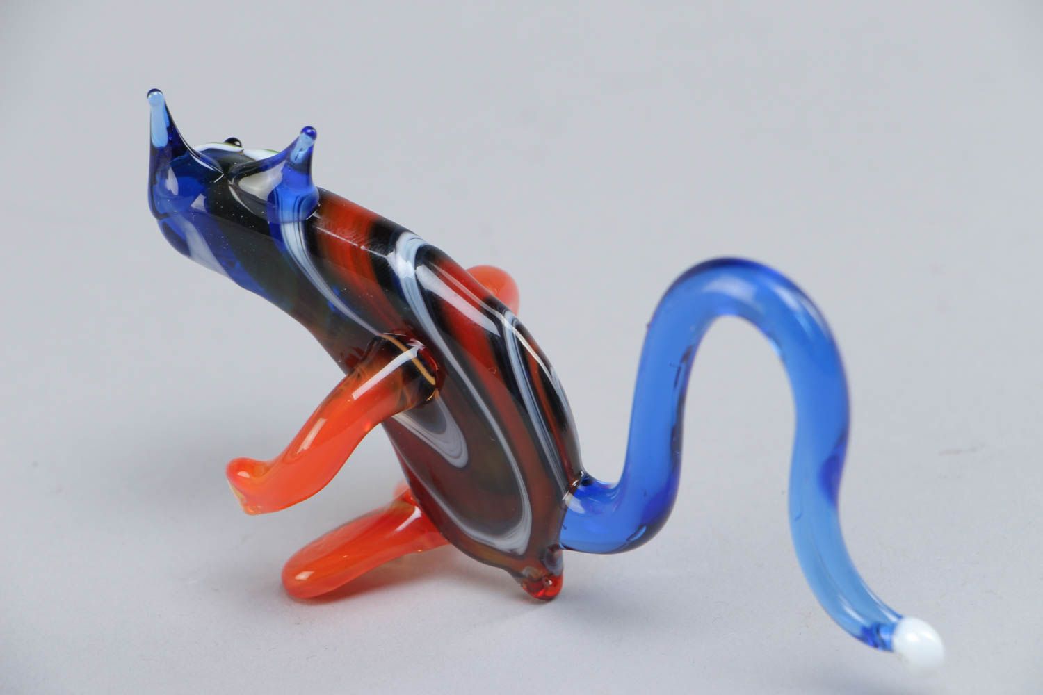 Figurine chat en verre au chalumeau faite main originale bleu-orange design photo 4