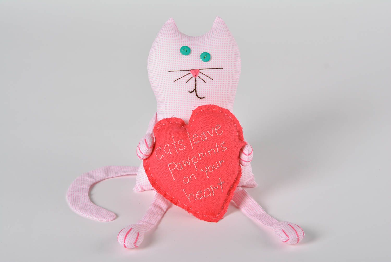 Jouet chat Peluche faite main Déco maison en tissu de coton mignon avec coeur photo 1
