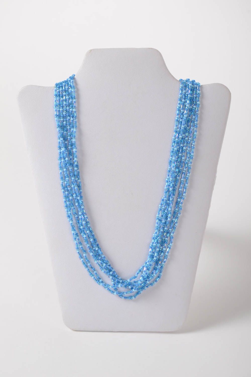 Ожерелье из бисера и стекляруса ручной работы многорядное красивое голубое фото 2