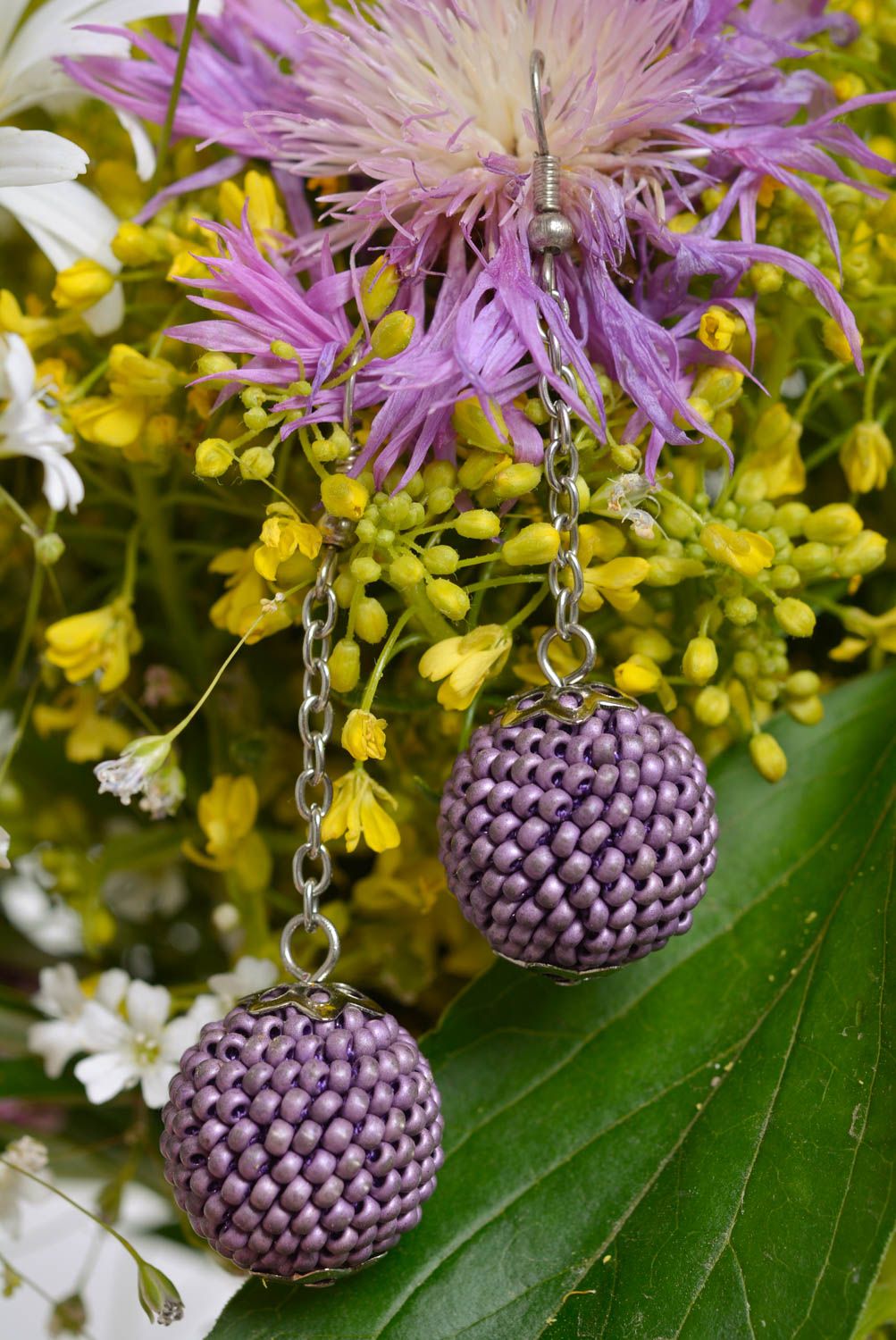Handmade dangling earrings with bead woven violet balls and metal chains photo 2