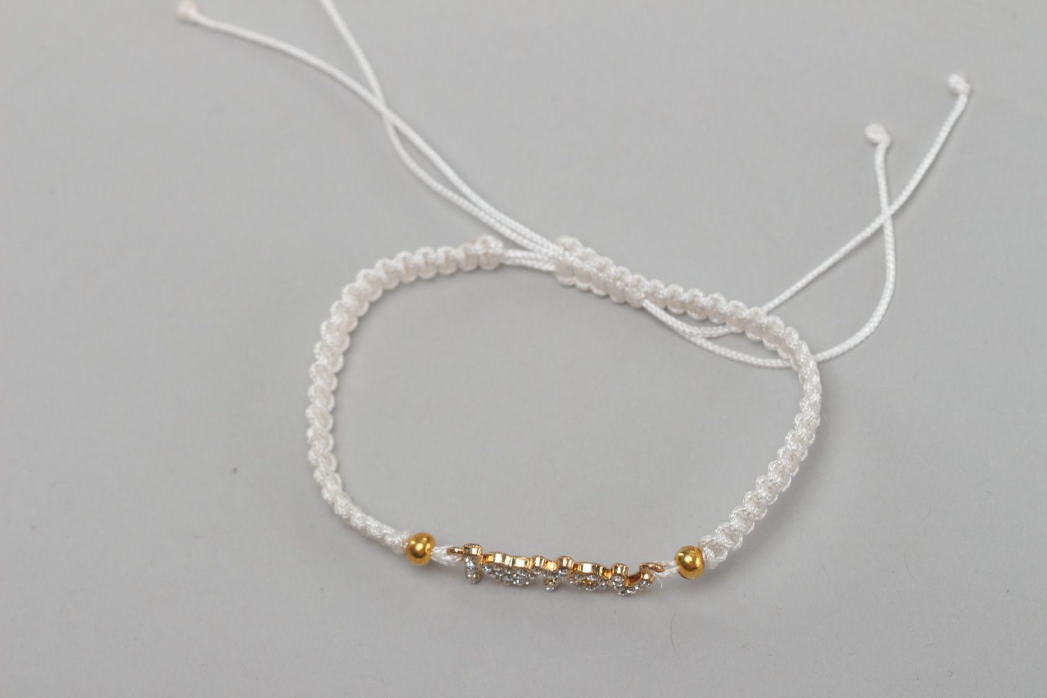 Handmade friendship bracelet woven of white waxed cord with lettering I love you  photo 2