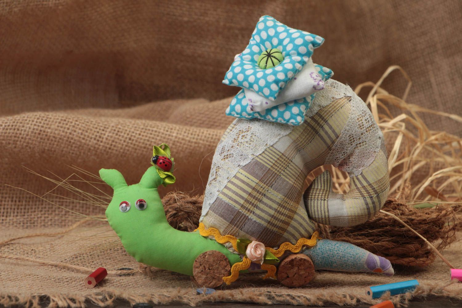 Beautiful designer unusual handmade soft toy snail made of fabric photo 1