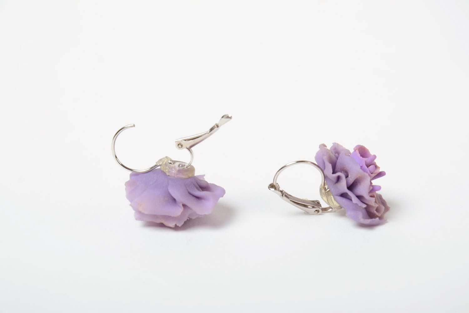 Unusual beautiful lilac handmade plastic flower earrings for women photo 4