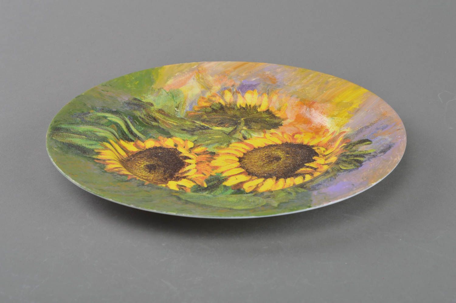 Decorative designer decoupage glass round plate handmade Sunflowers painted photo 2