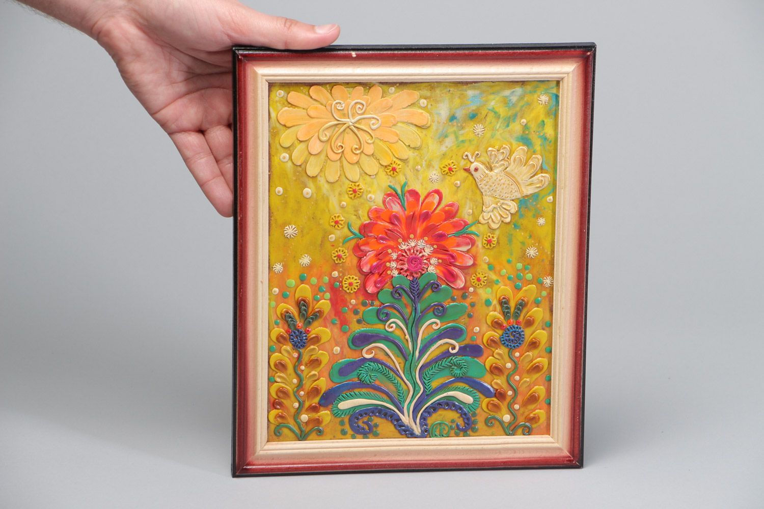 Cuadro de arcilla plastilina multicolor artesanal con pajaritos enmarcado foto 5