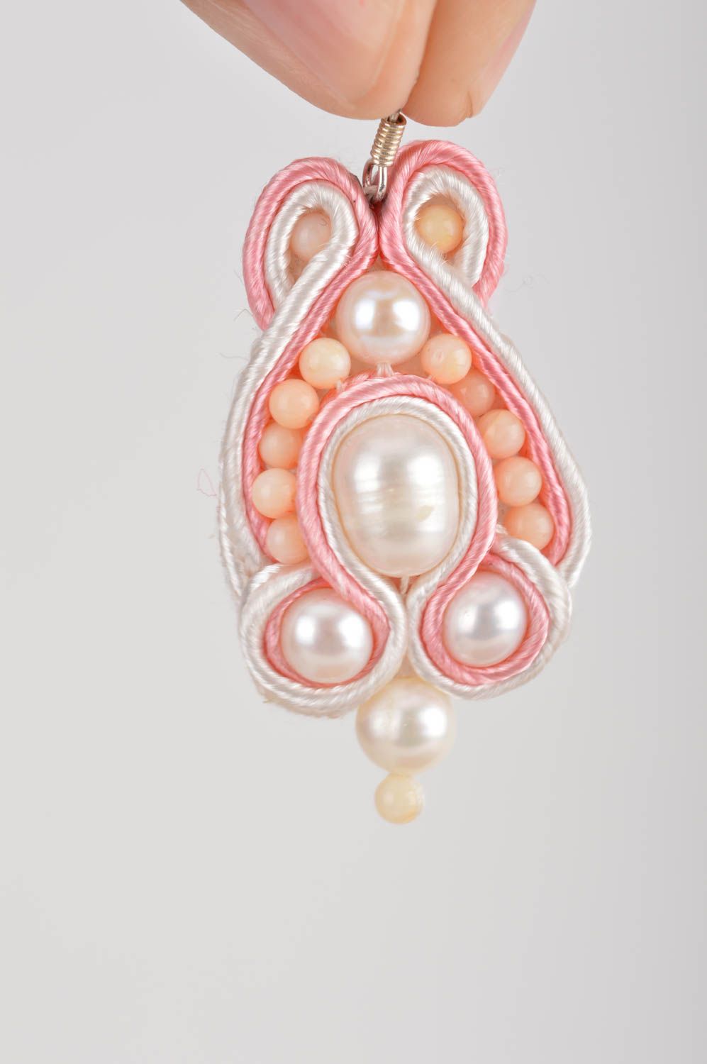 Unusual beautiful gentle handmade designer fabric soutache earrings with beads photo 3