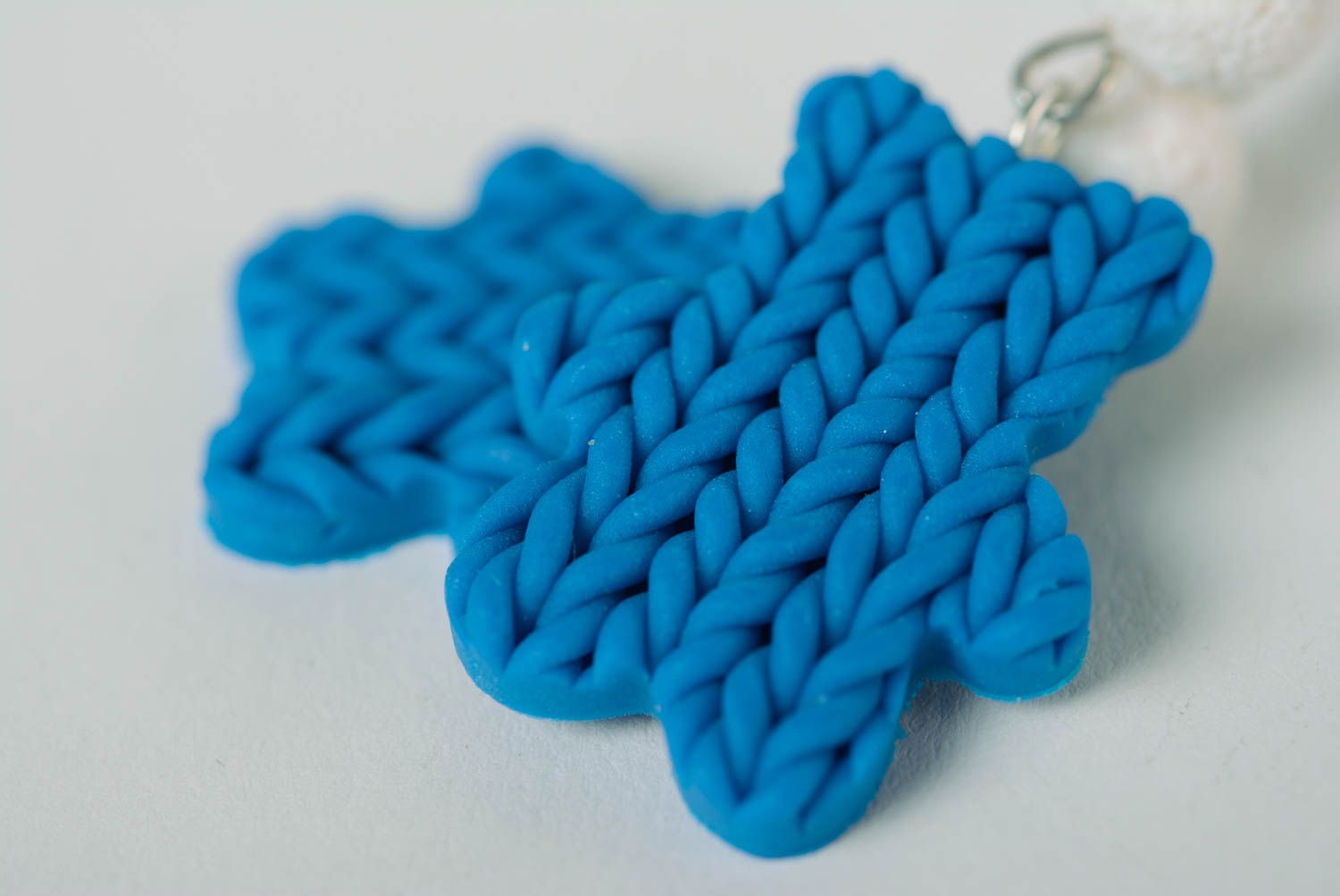 Handmade blue polymer clay dangling earrings with imitation of knitting Bears photo 2