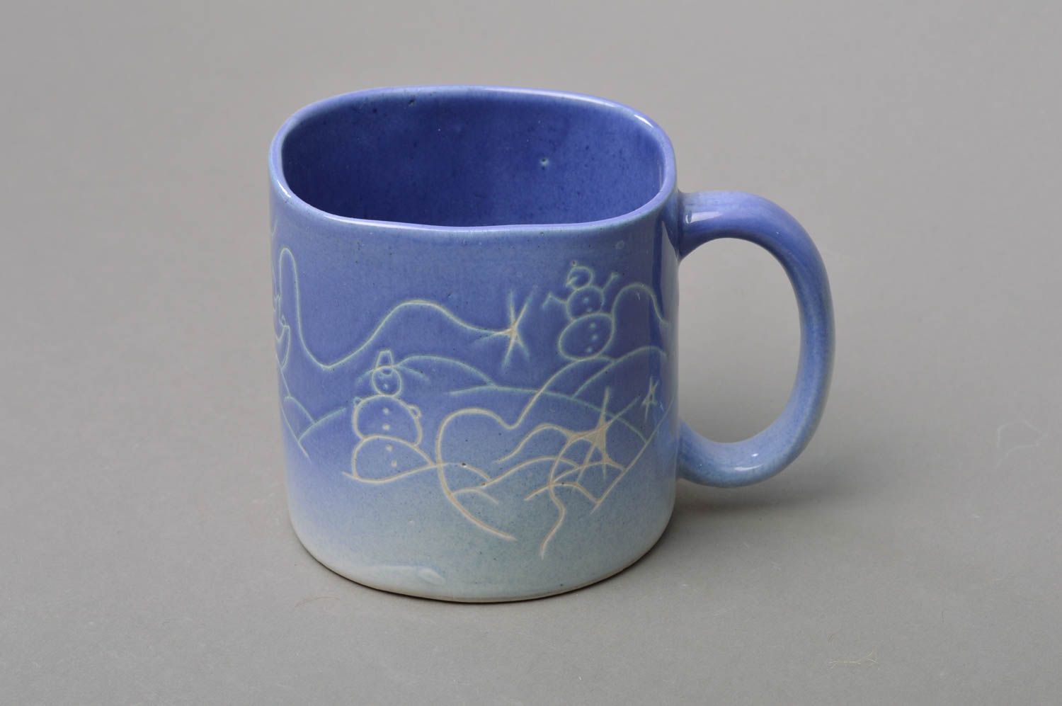 Blue clay cup glazed with handle and snowman pattern 0,62 lb photo 1