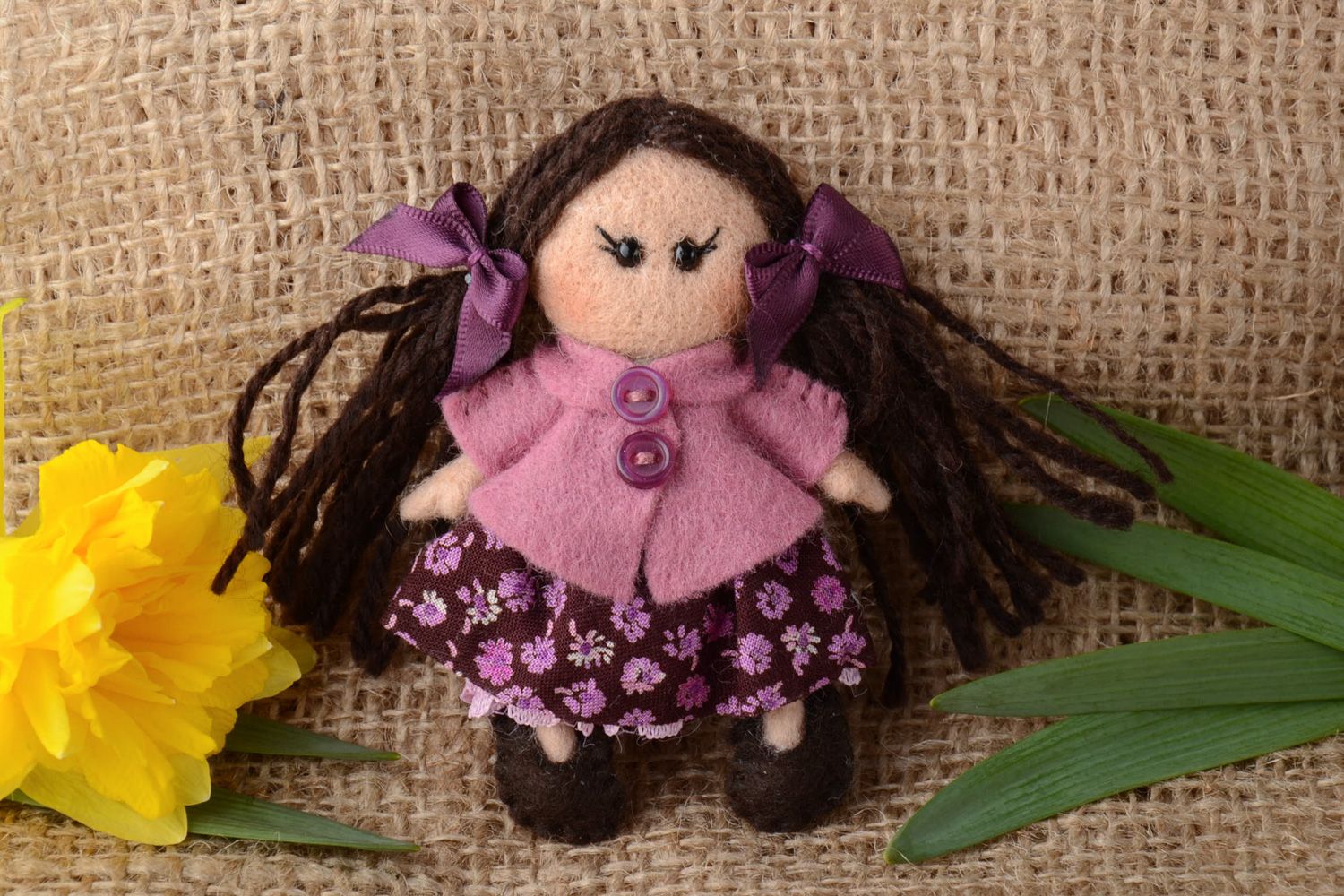 Handmade decorative fridge magnet made of wool and felt in the shape of doll photo 1