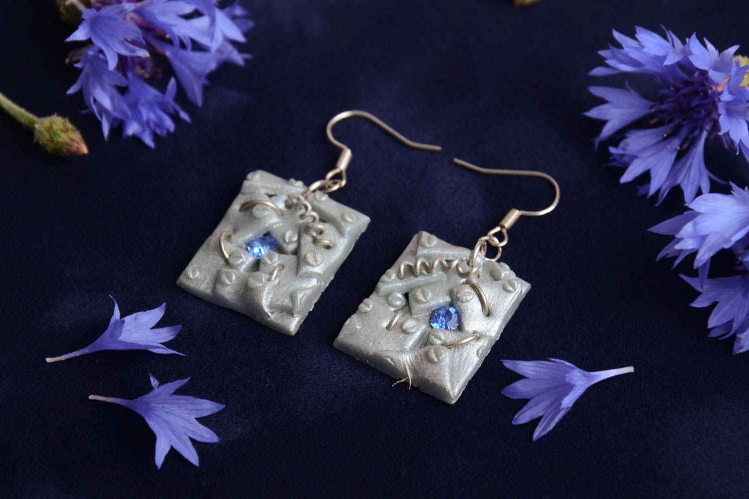 Beautiful handmade polymer clay earrings with strasses square gray designer photo 1