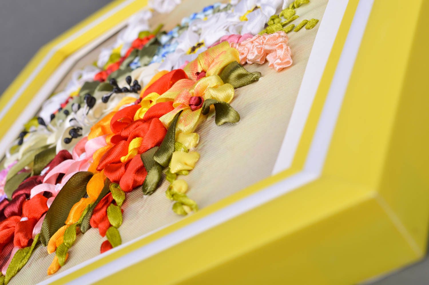 Unusual beautiful handmade satin ribbon embroidery in yellow frame photo 4