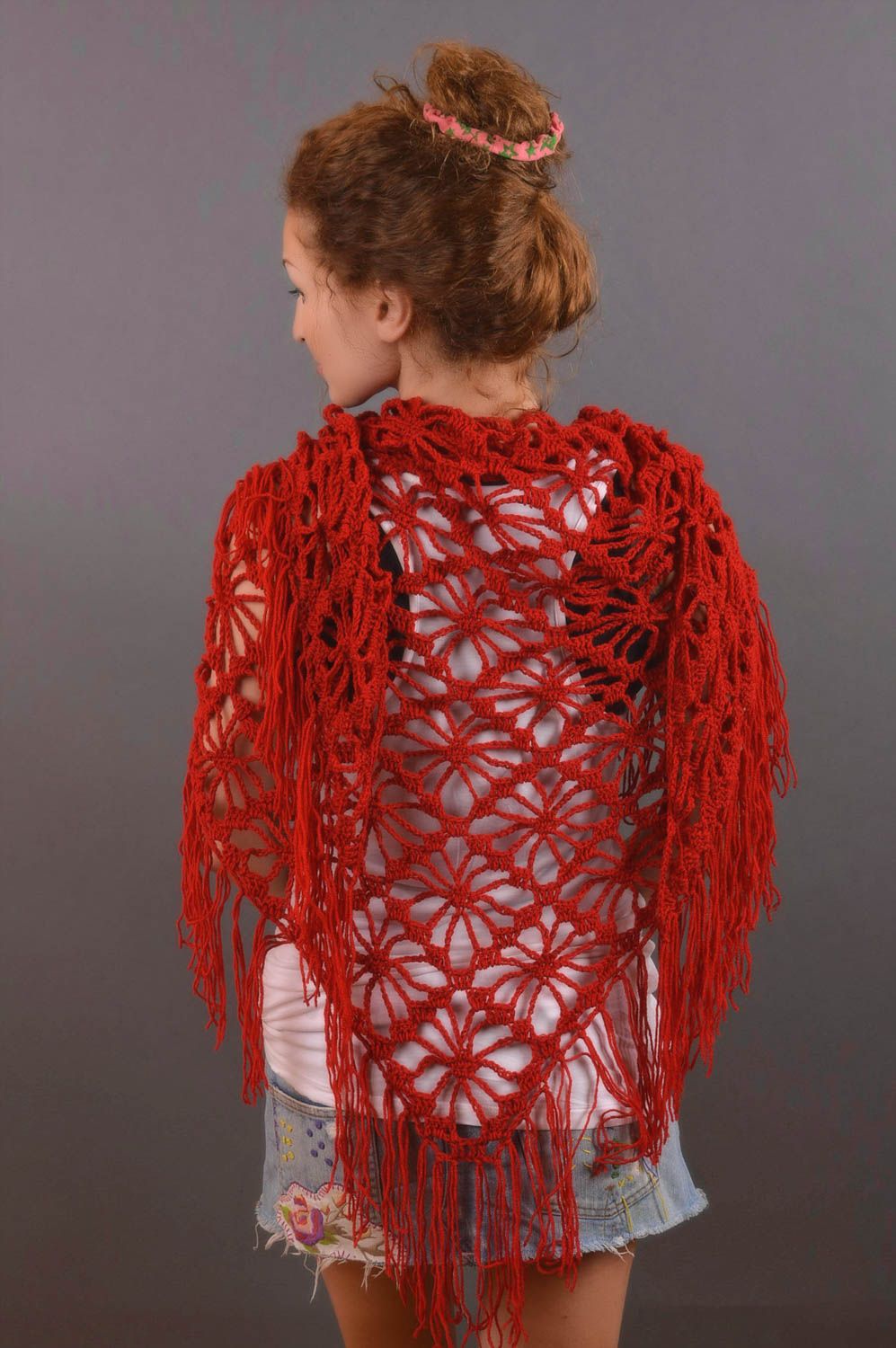 Châle rouge tricoté au crochet Châle fait main chaud ajouré Cadeau pour femme photo 4