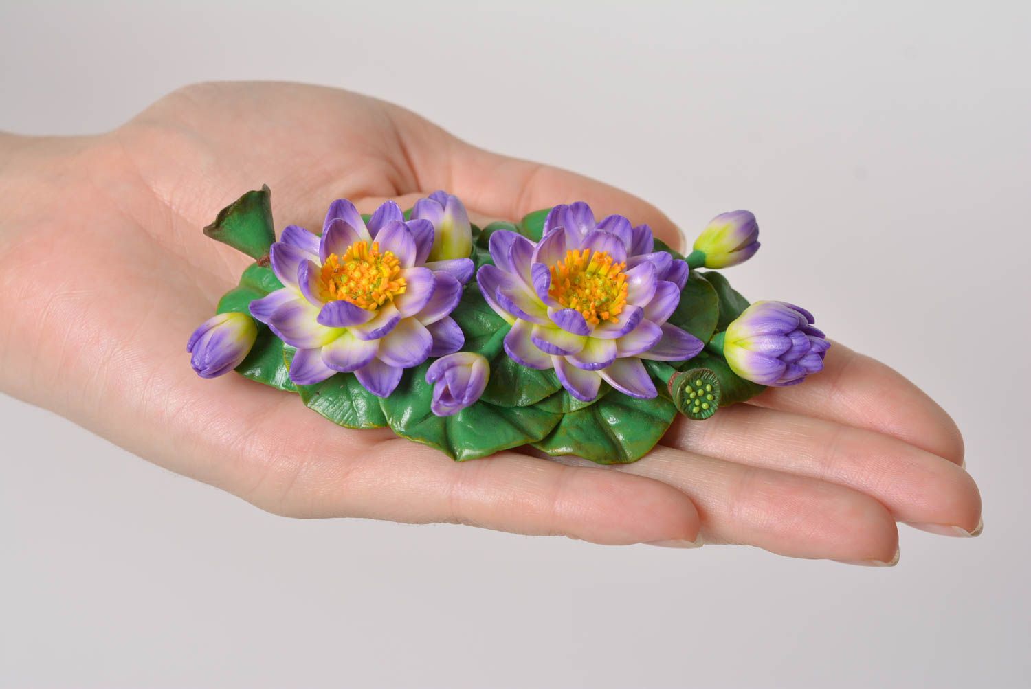 Beautiful handmade designer lilac polymer clay flower hair clip photo 2