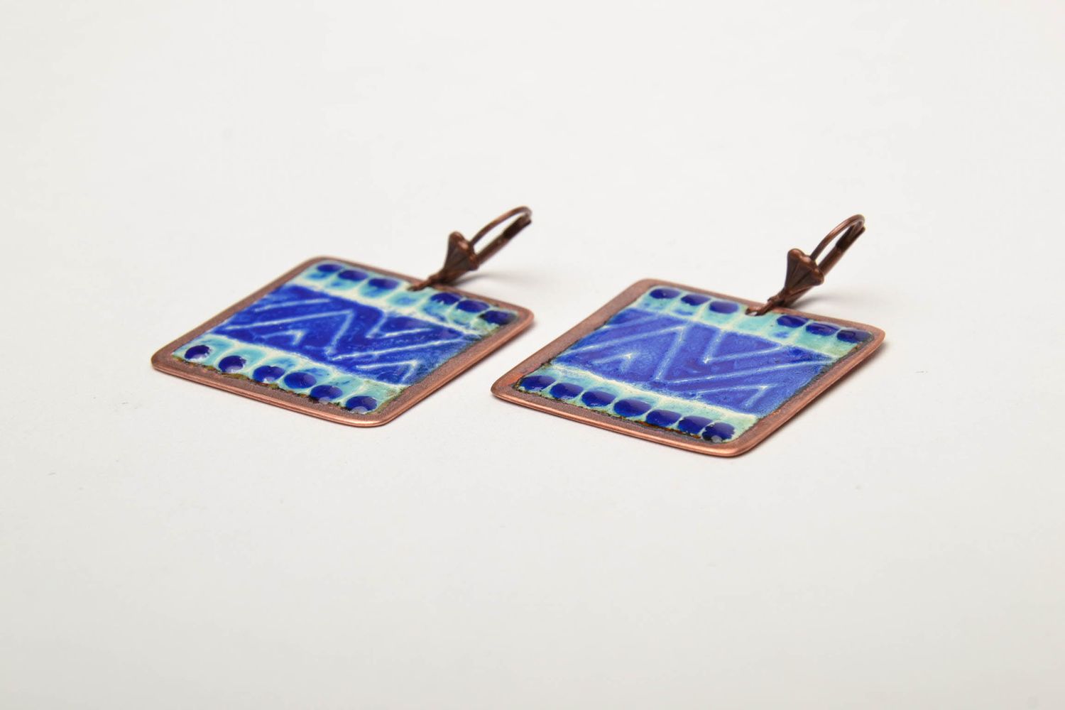 Square copper earrings of blue color photo 4