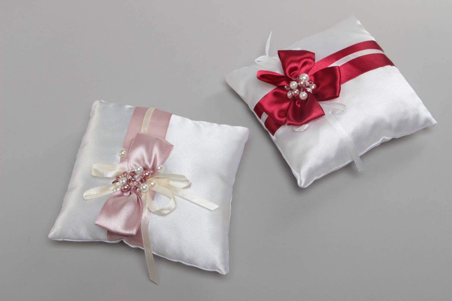 Set of beautiful handmade designer satin ring bearer pillows with bows 2 pieces photo 2