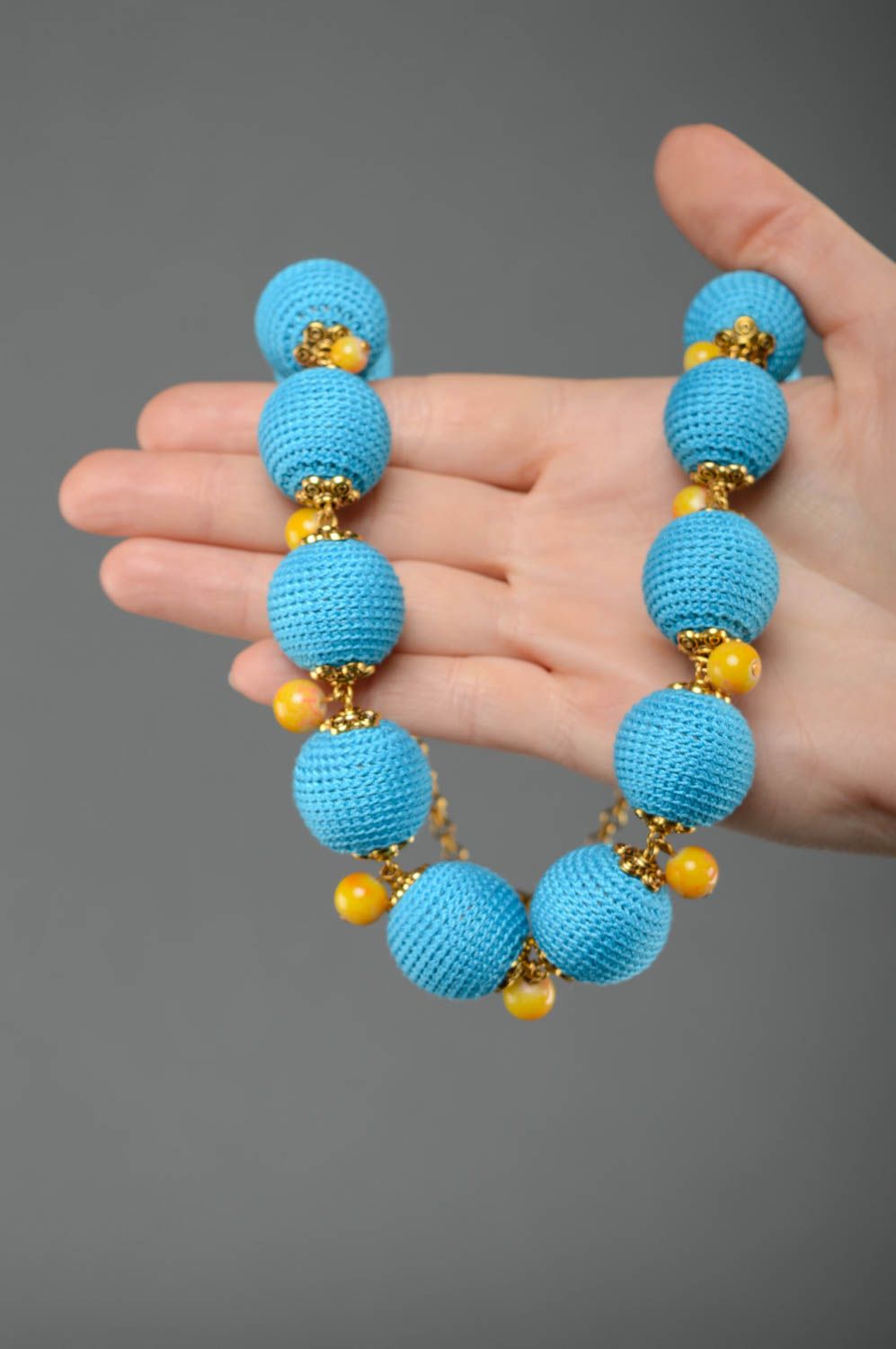 Joli collier tricoté en fil de coton et lin fait main Lagune bleue bijou femme photo 4