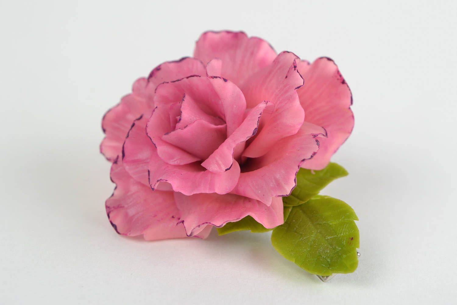 Belle pince à cheveux en porcelaine froide handmade avec fleur rose accessoire photo 3