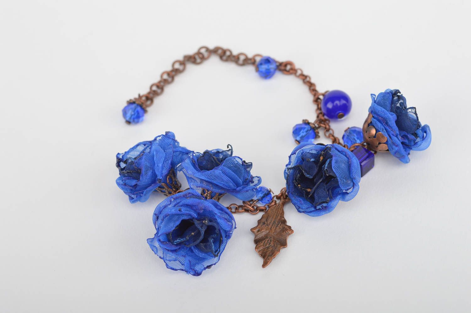 Bracelet fait main Bijou fantaisie bleu fleurs tissu chaîne Accessoire femme photo 5