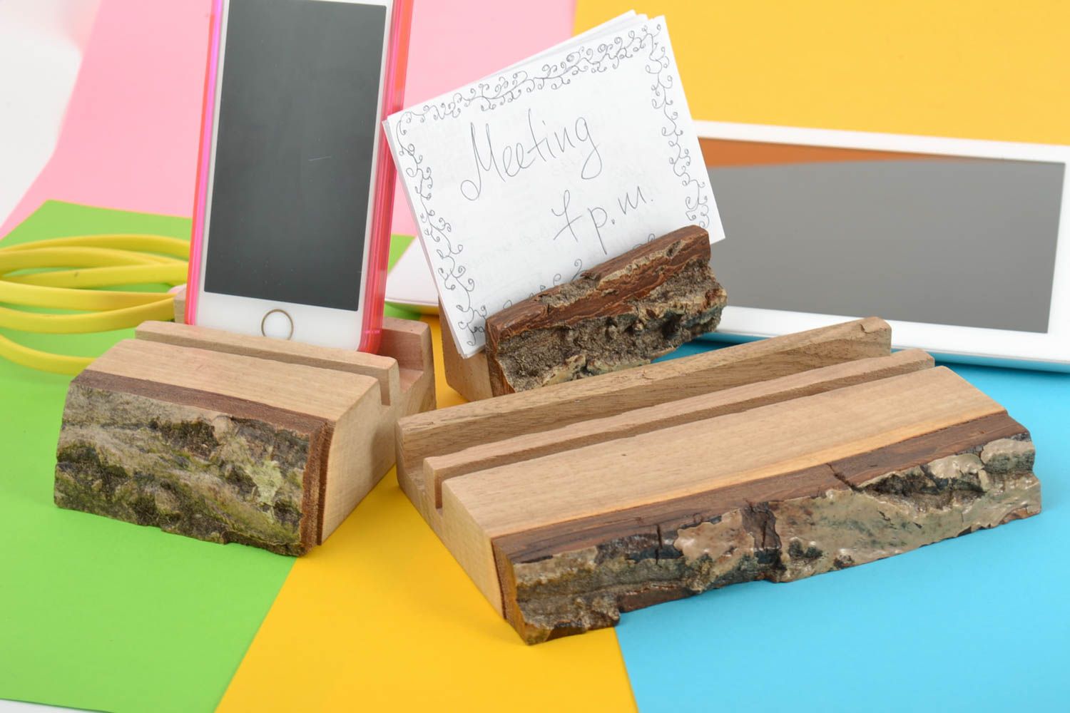Set of handmade stands for cell phone and tablet made of wood in eco style photo 1