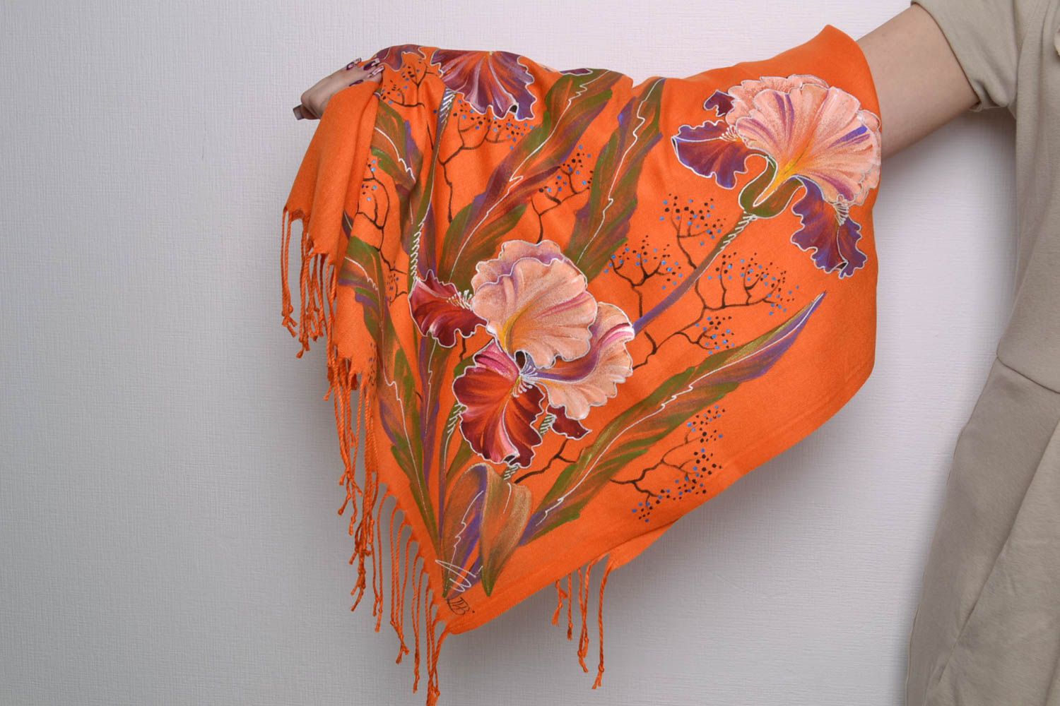 Теплый шарф из кашемира с росписью оранжевый  фото 5
