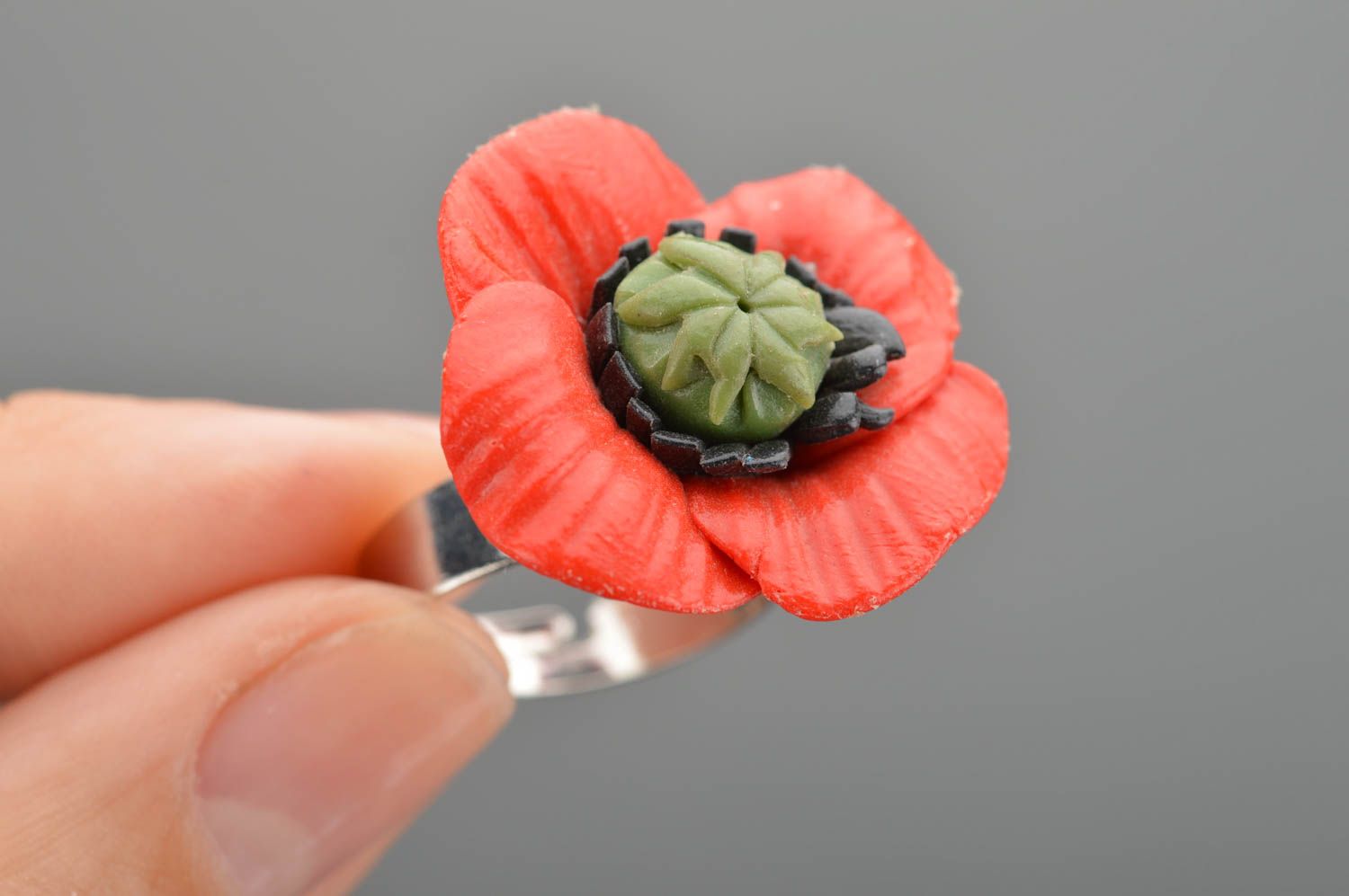 Handmade extravagant metal-based ring made of polymer clay in form of red poppy photo 5