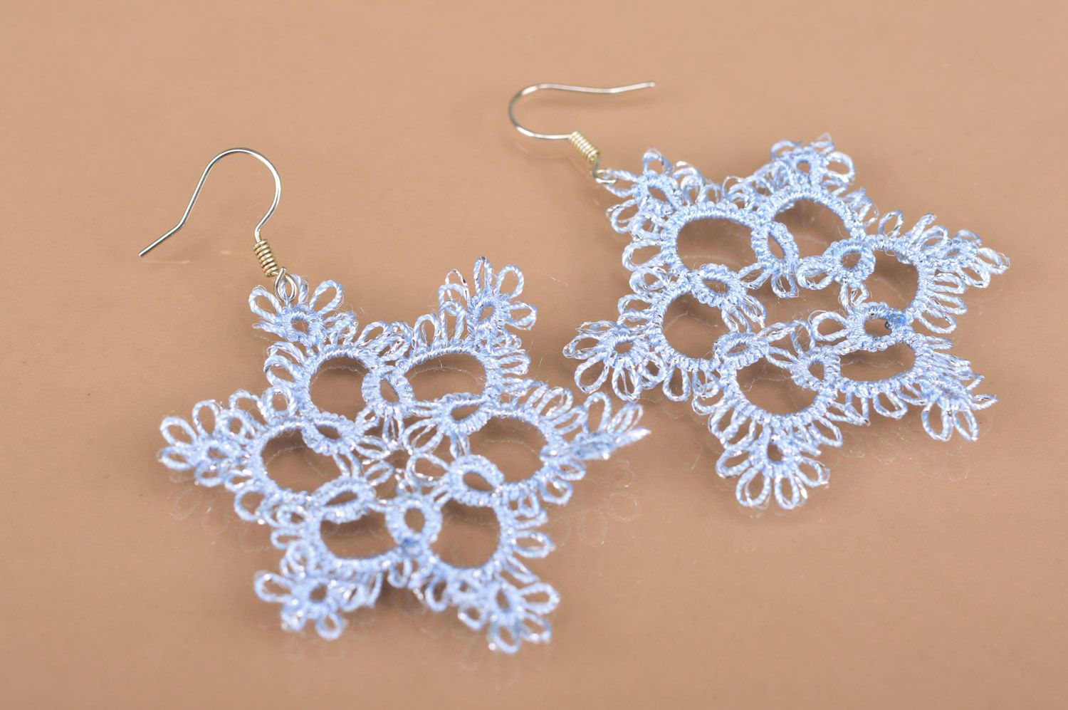 Handmade lacy tatted dangle earrings woven of tender blue satin thread Snowflakes photo 3