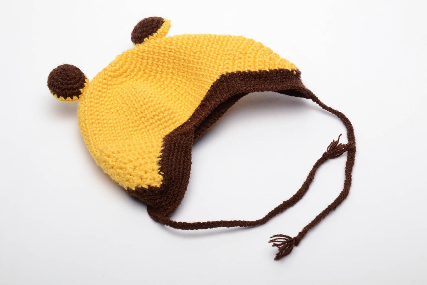 Bonnet tricoté à la main original pour enfant fait main jaune avec oreilles photo 4