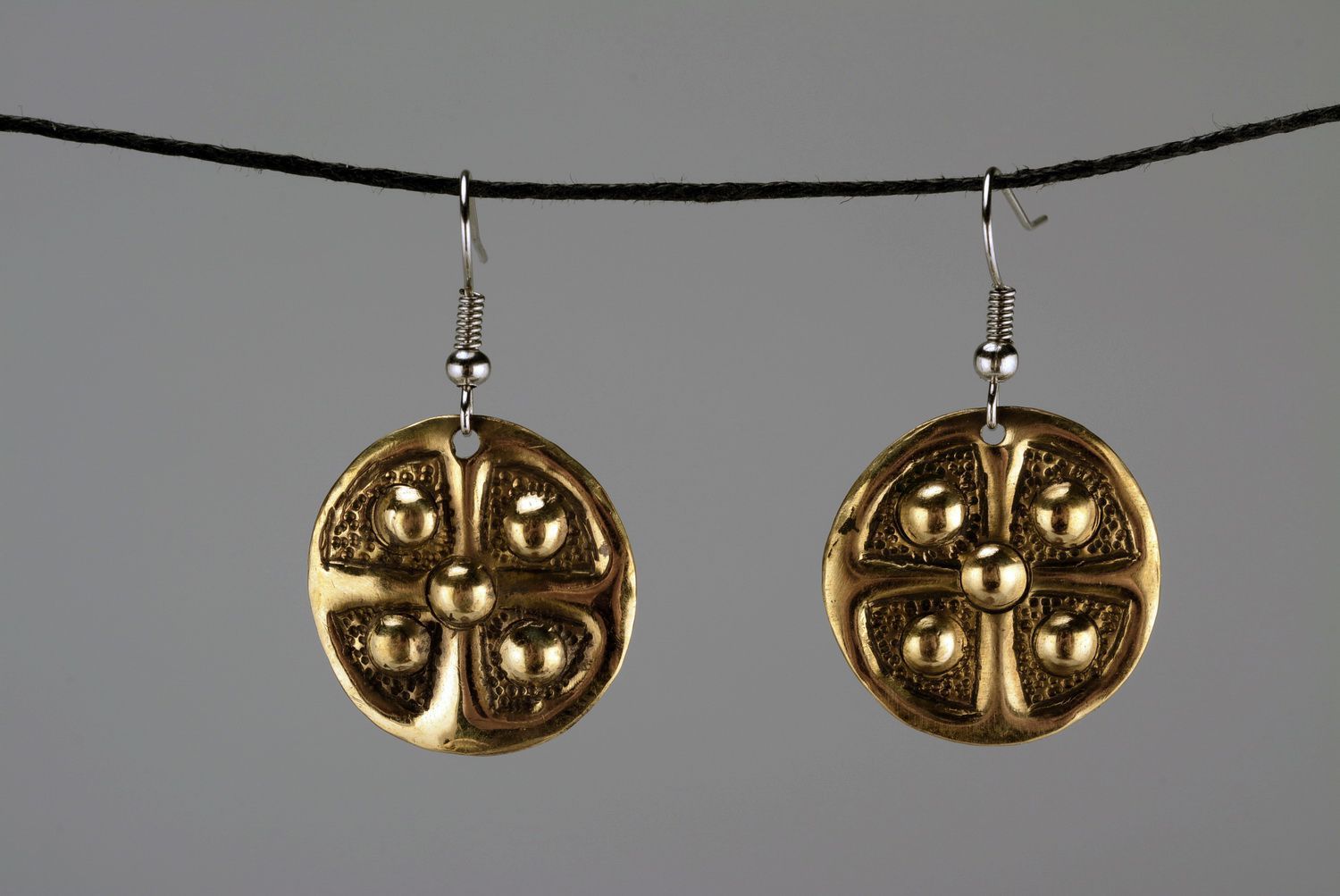 Metal earrings Sign of the Sun and the Earth with gilding photo 4