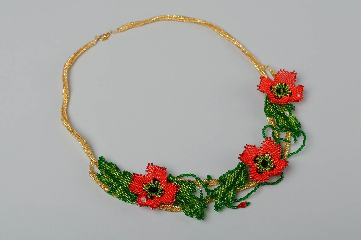 Колье из бисера украшение ручной работы ожерелье из бисера с красными маками фото 3
