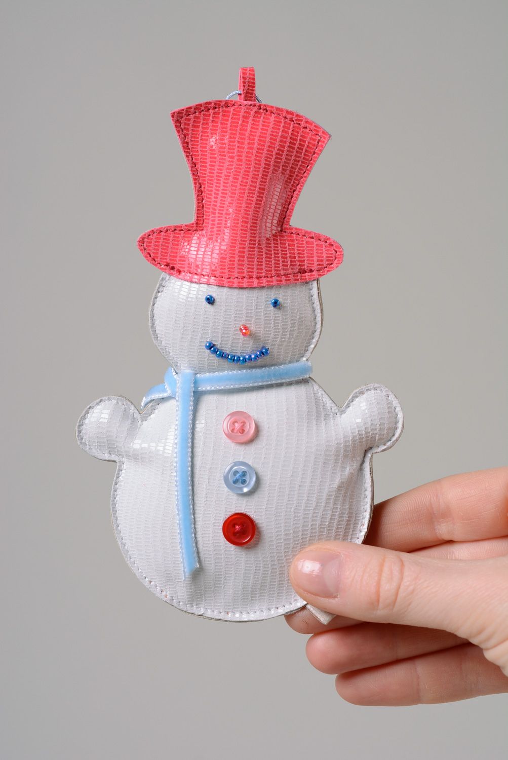 Cute handmade leather keychain bag charm in the shape of snowman in pink hat photo 2