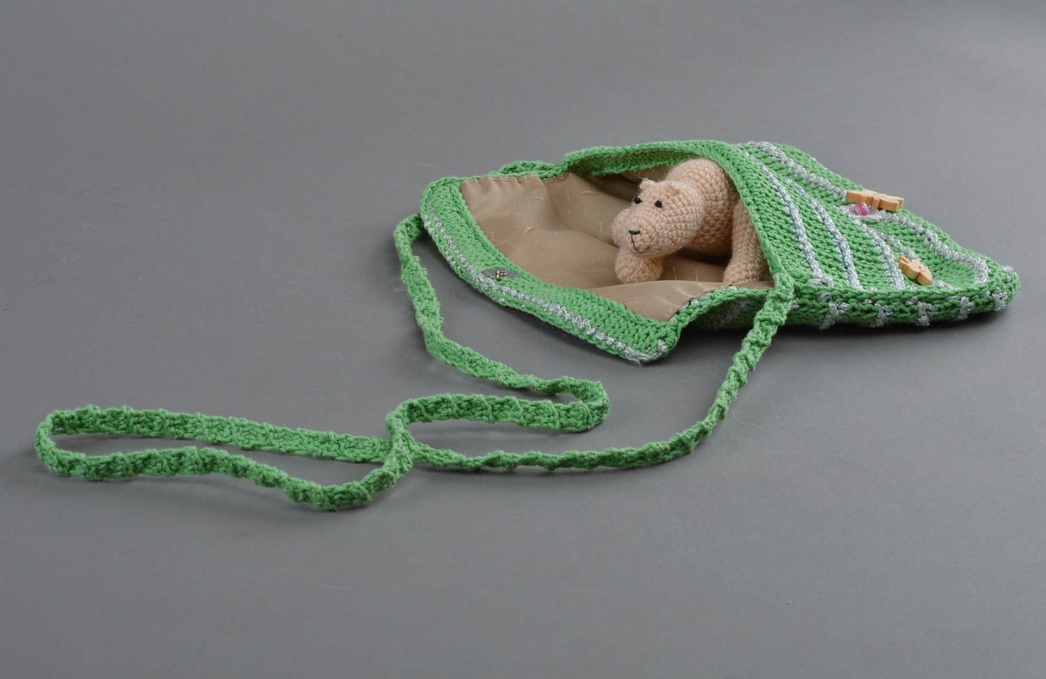 Knitted shoulder bag of green color made of cotton handmade small purse photo 3