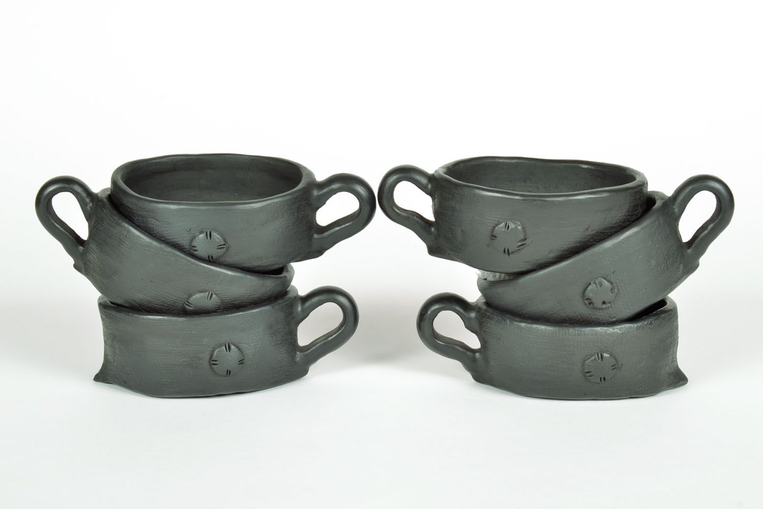 Set of 6 six black smoked clay cups in the shape of mice with a handle photo 3