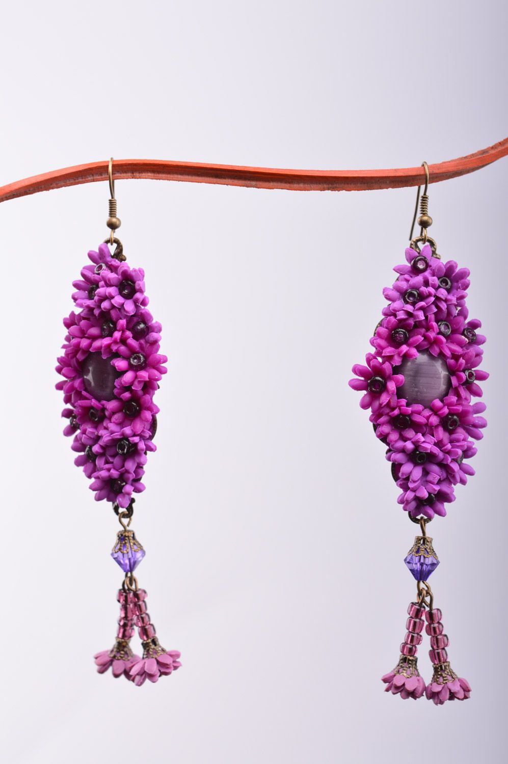 Handmade bright violet polymer clay long dangle earrings with flowers for women photo 2