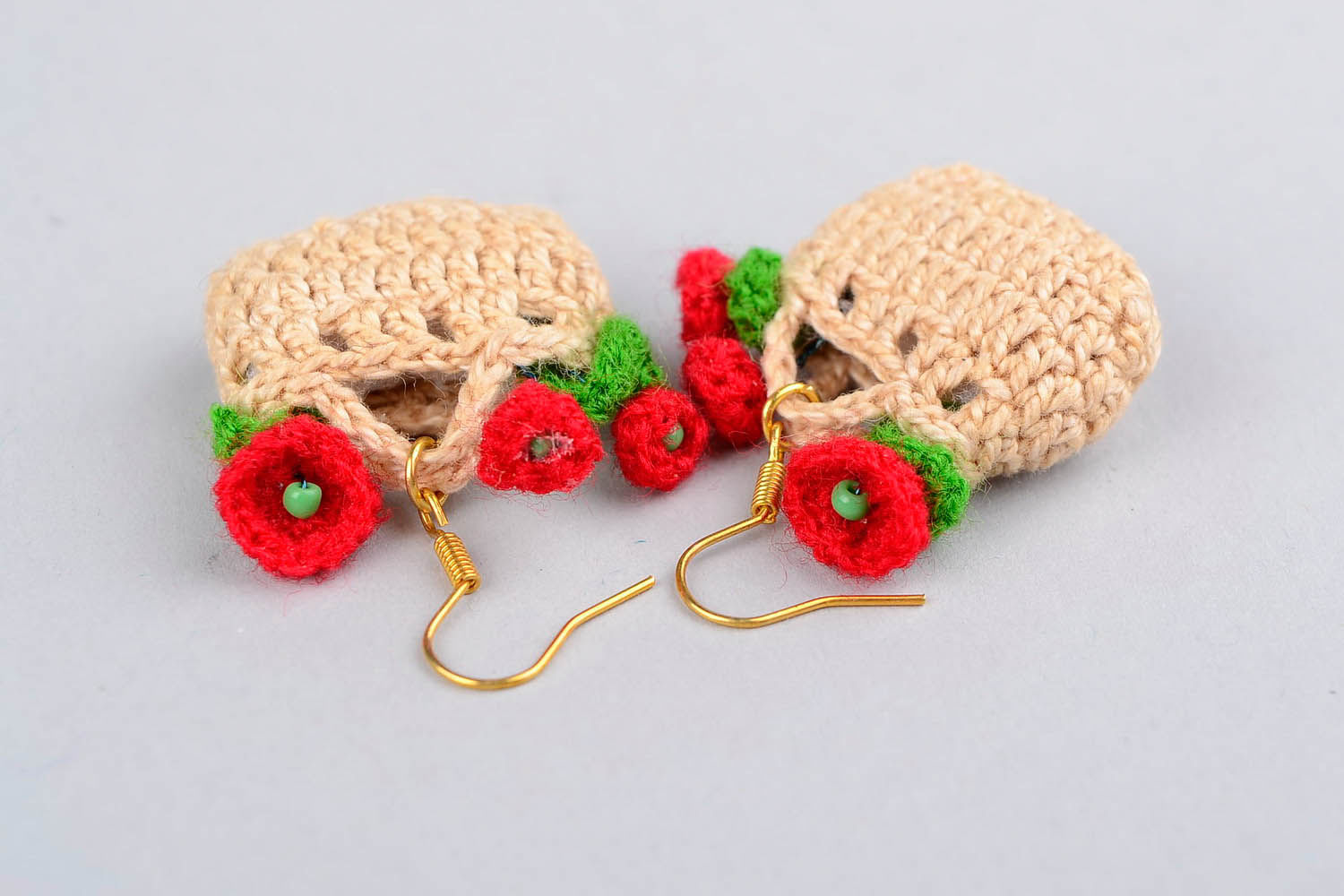 Knitted earrings Basket with poppy seeds photo 4