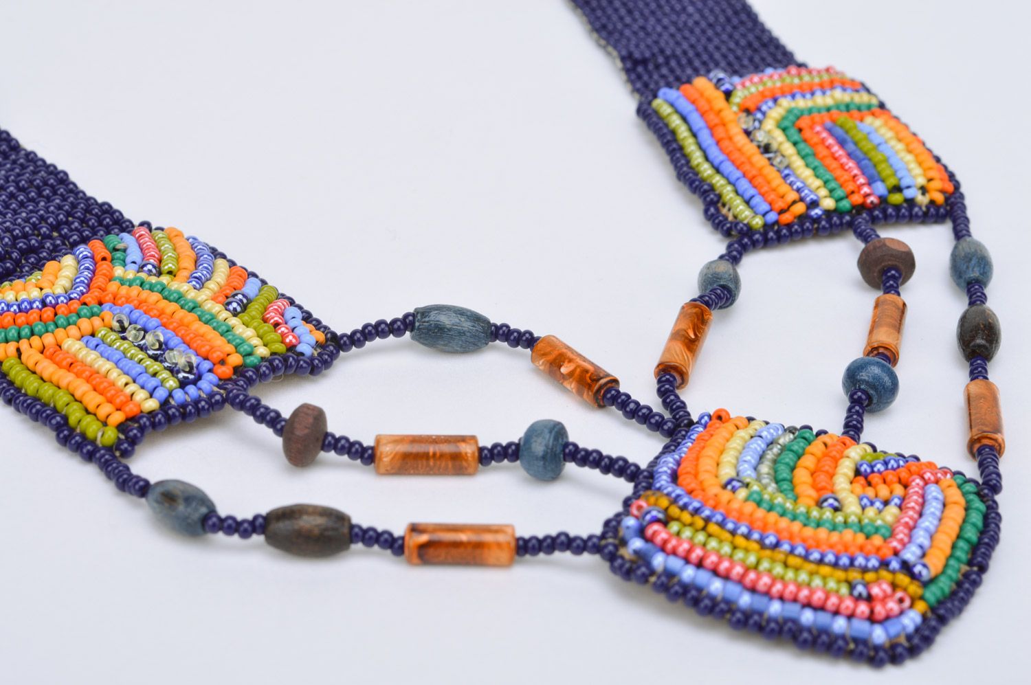 Handmade colorful massive ethnic beaded necklace on leather basis with button photo 5