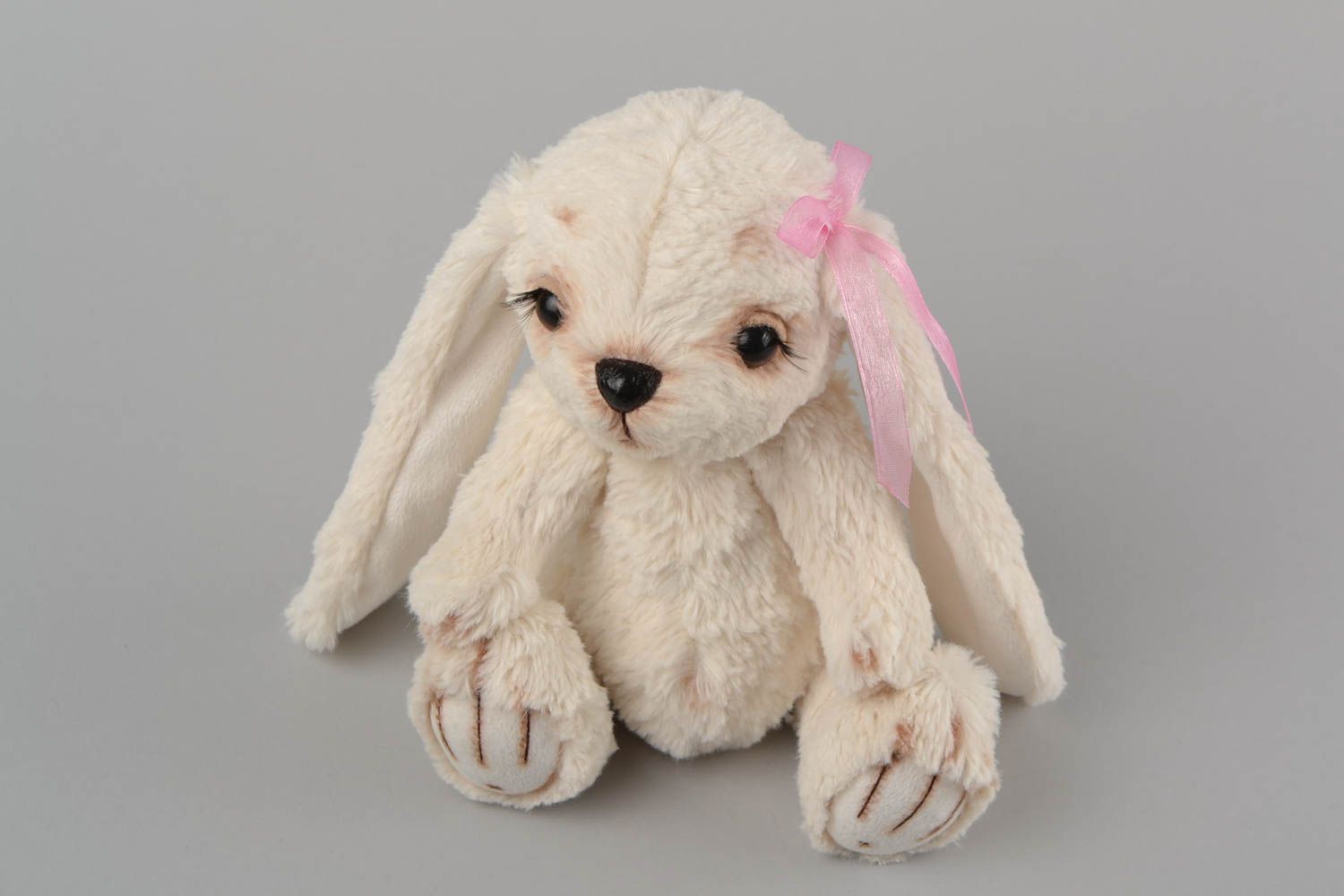 Handmade cute small faux fur soft toy light rabbit with pink organza bow photo 3