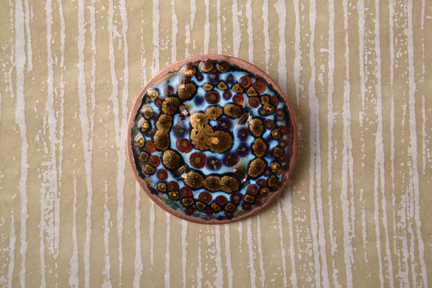 Handmade copper brooch with painting photo 1