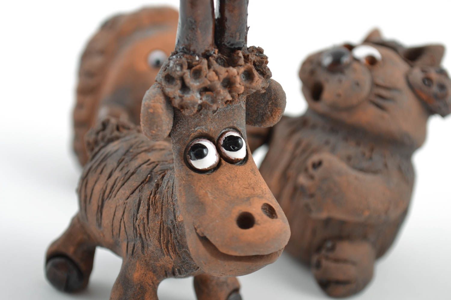Set of handmade ceramic figurines 3 pieces goat cat and hedgehog home decor photo 2