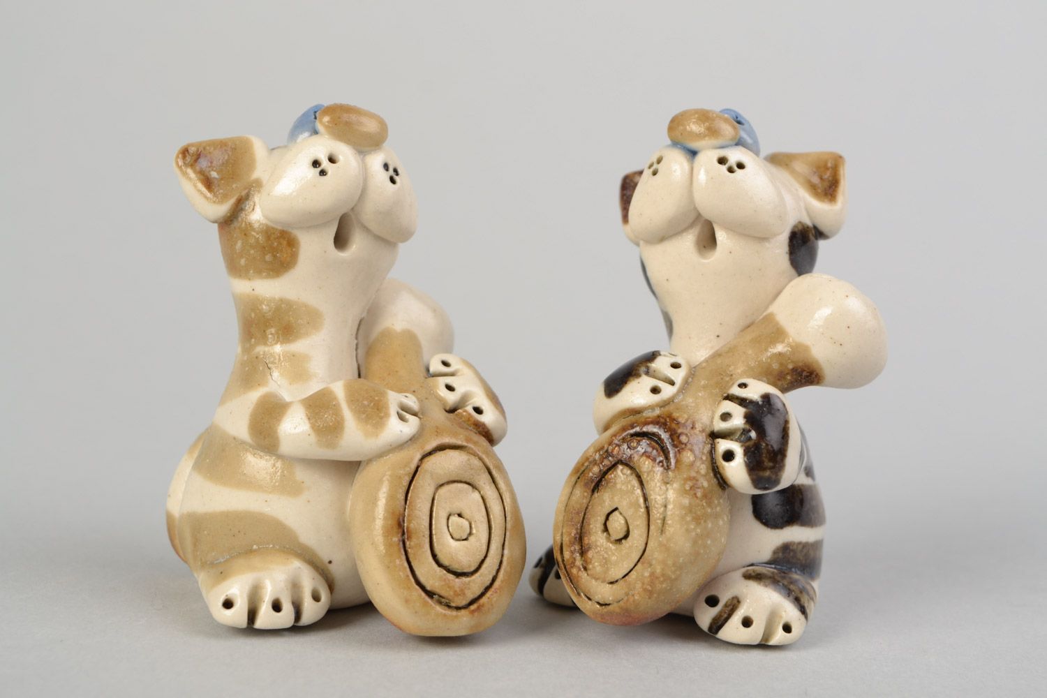Set of handmade ceramic animal figurines cats 2 pieces of brown color cute statuettes photo 4