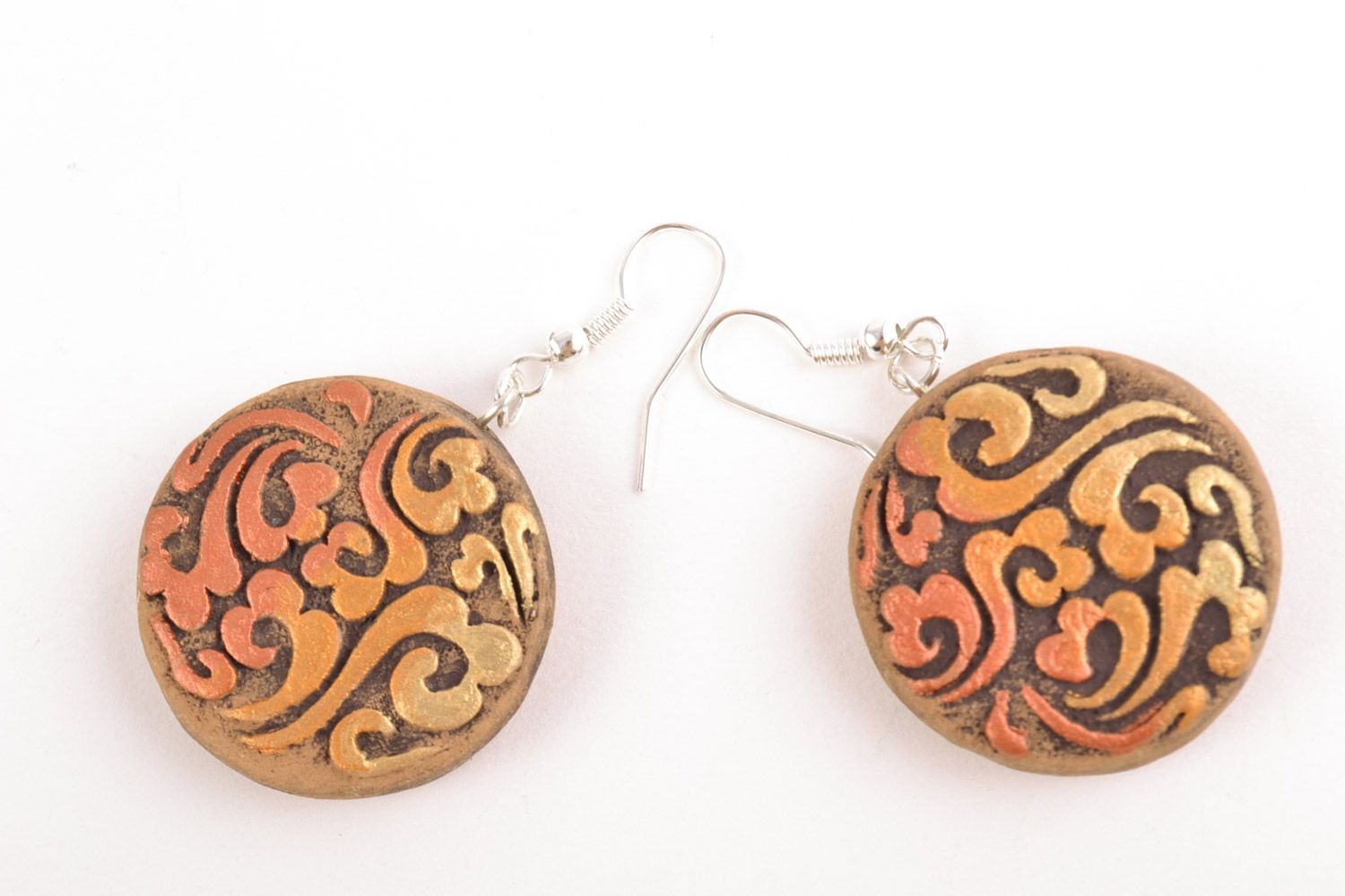 Handmade ethnic round ceramic dangling earrings with relief ornament for women photo 5