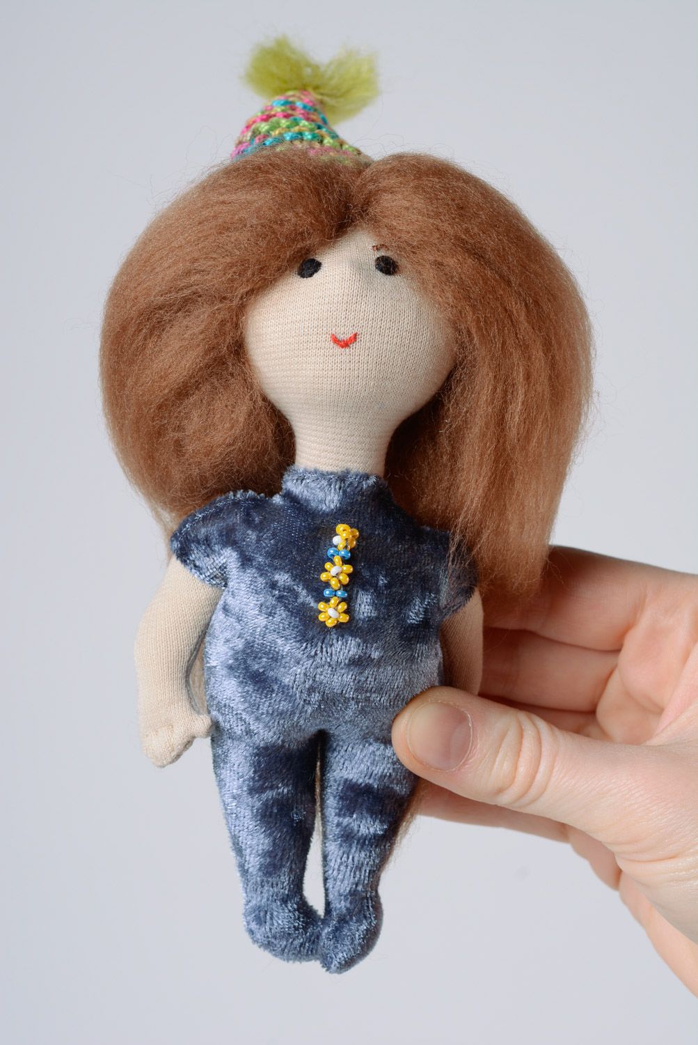 Handmade doll sewn of artificial velvet with voluminous hair photo 4