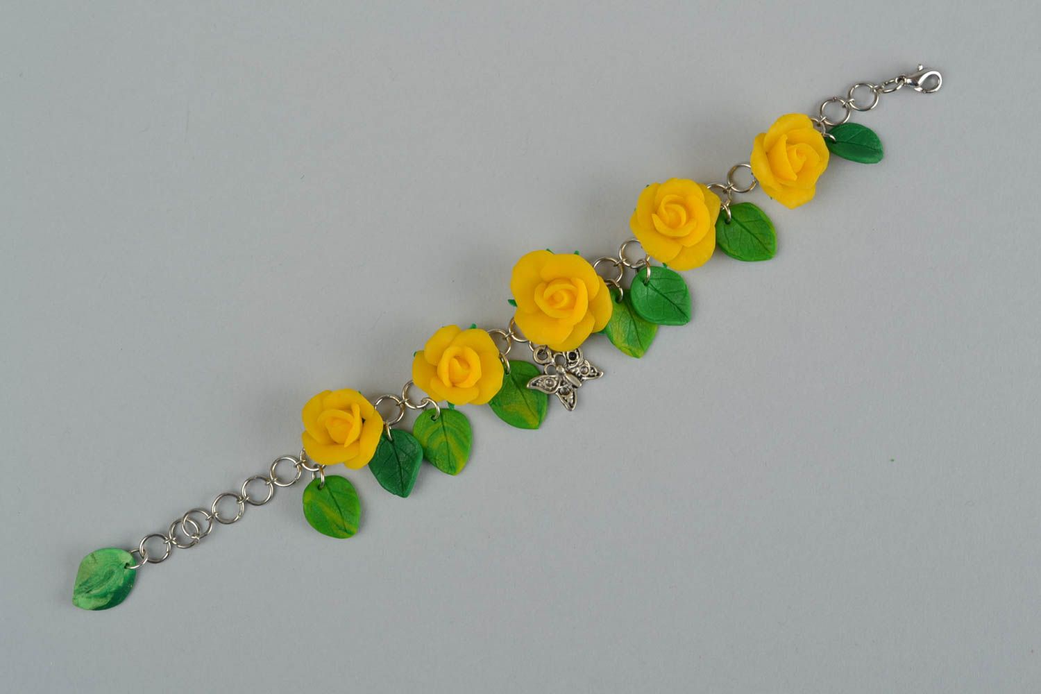 Авторский браслет из полимерной глины ручной работы женский с желтыми розами фото 4