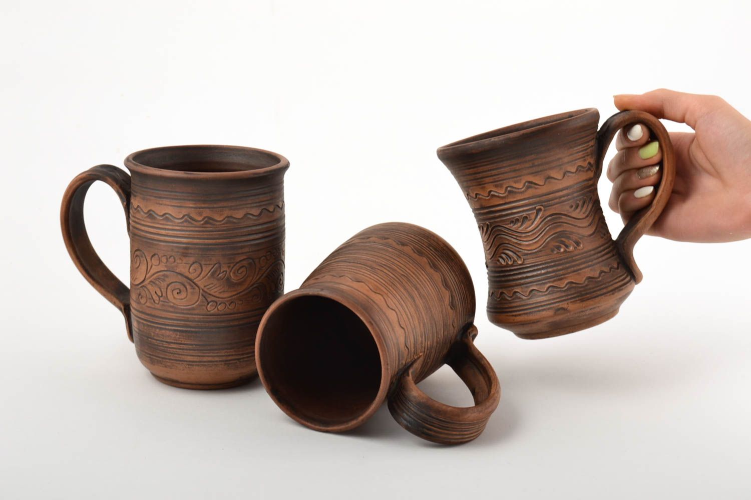 Clay 3 three XXXL cups' set, 16 oz, 18 oz, 20 oz with handle and rustic pattern photo 4
