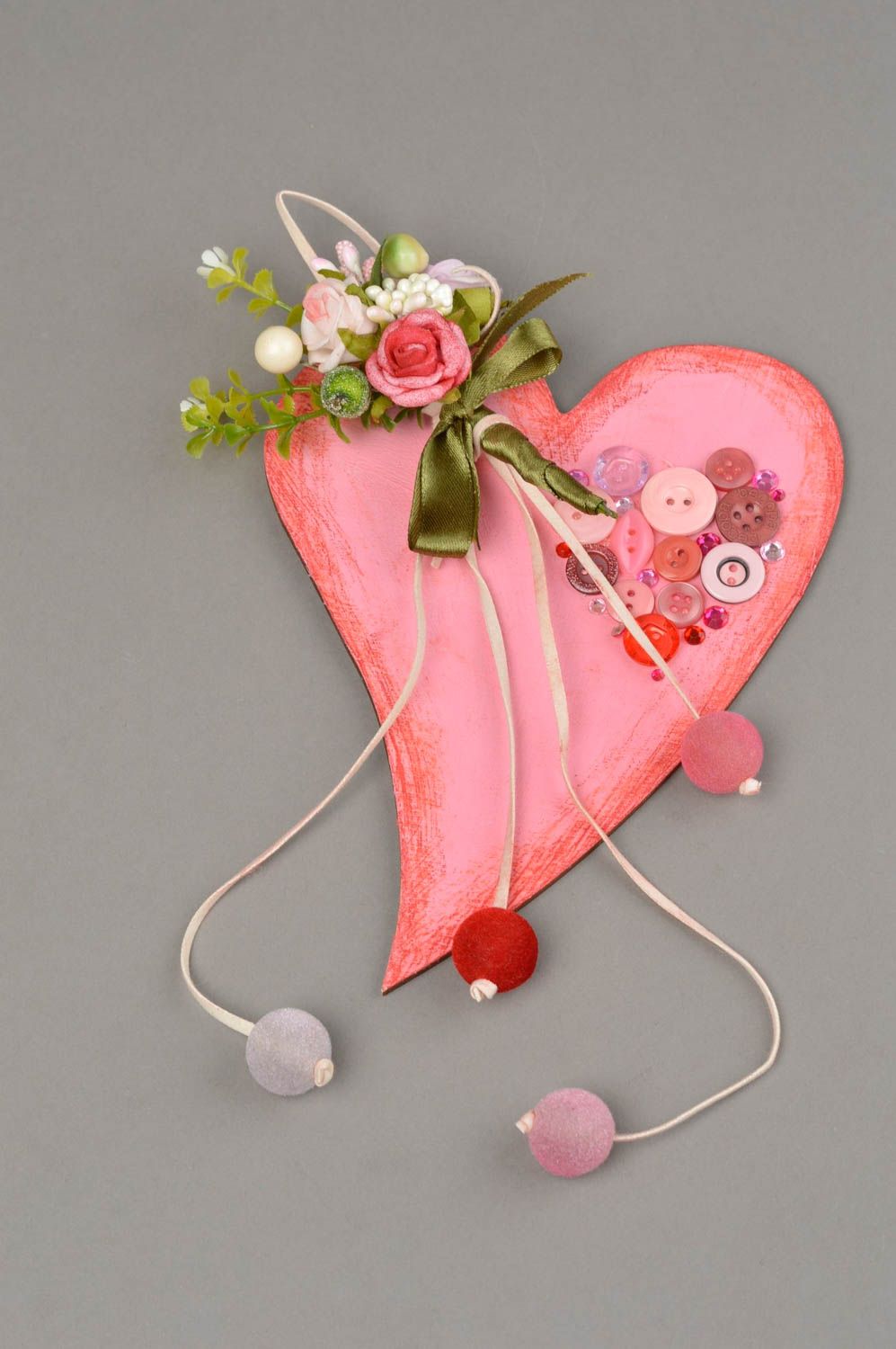 Авторская декоративная подвеска для интерьера сердце розовая ручная работа фото 2