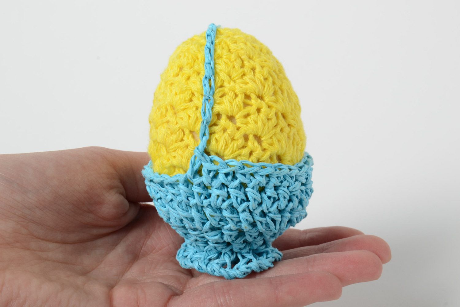 Handmade decorative wooden Easter egg crochet over with yellow and blue threads photo 5