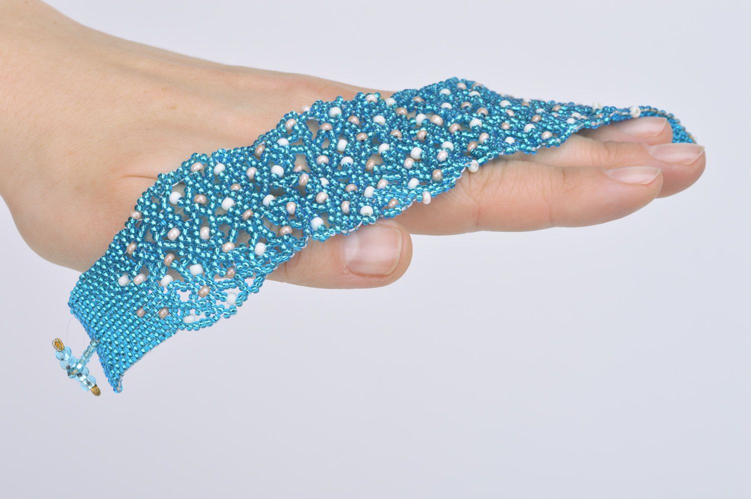 Handmade designer wide lace wrist bracelet woven of blue beads Cornflowers photo 5