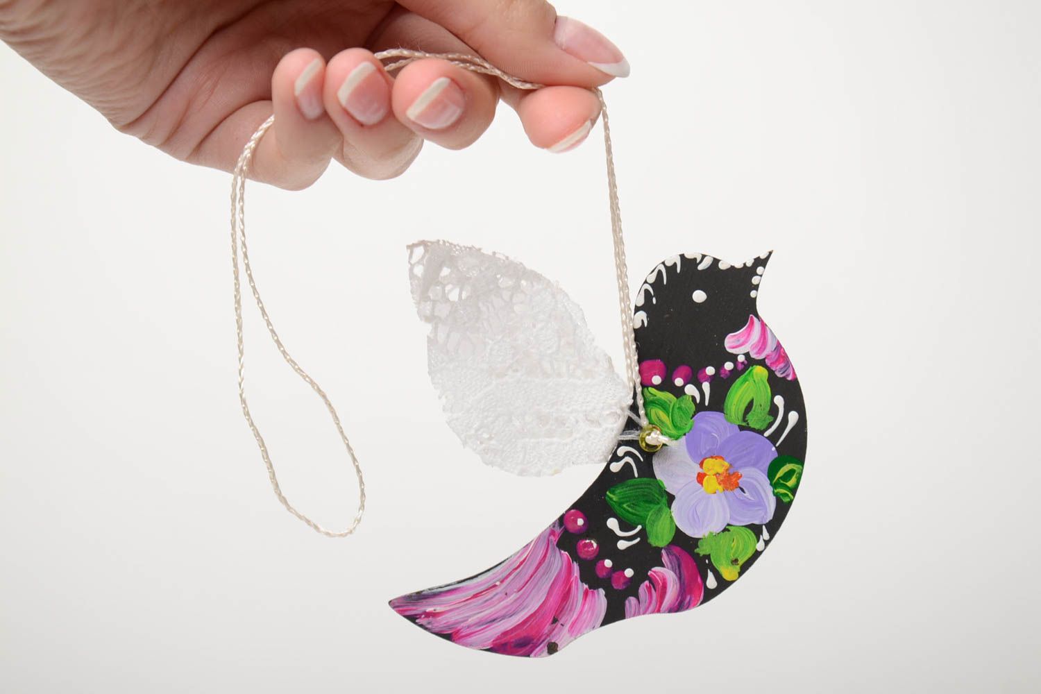 Suspension décorative oiseau avec peinture à l'acrylique faite main sur lacet photo 5