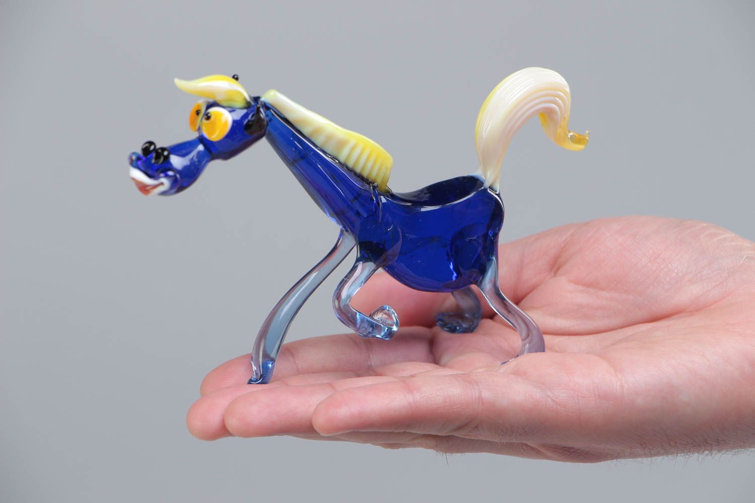 Handmade collectible lampwork glass miniature animal figurine of funny blue horse photo 5