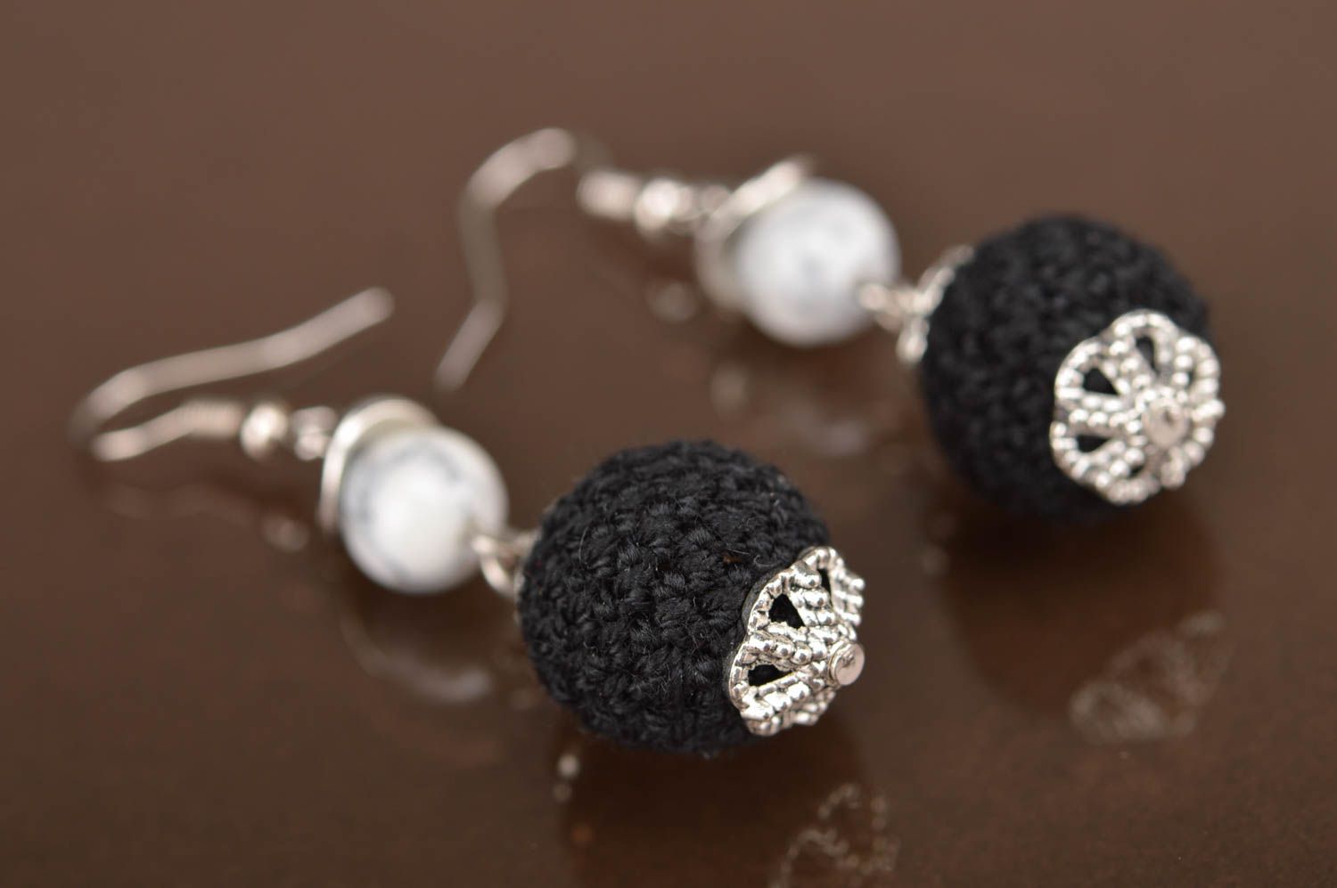 Unusual beautiful handmade earrings with crocheted over beads black and white photo 3